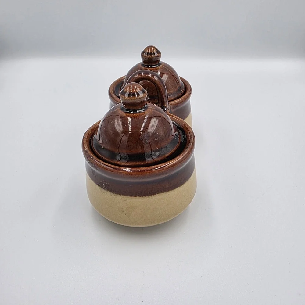 Vintage Condiment Serving Set‎ Lids Stoneware Brown Tan Pottery Double Jelly Jam